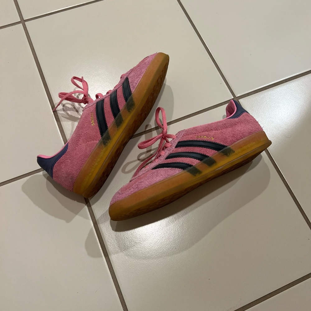 Adidas Gazelle Pink Suede Sneakers with Black Stripes